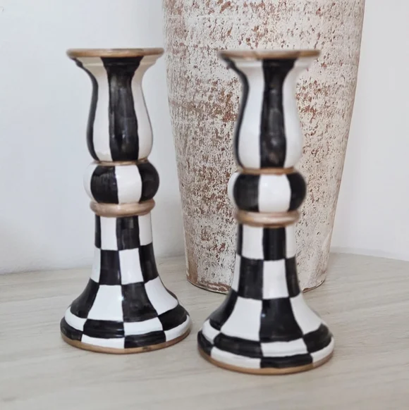 Gorgeous! Hand-Painted, Black and White Checkered Candlesticks! - Picture 2 of 3